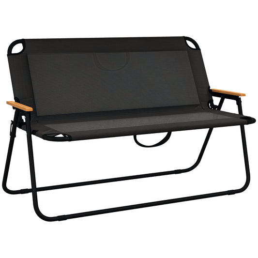 2-Seat Folding Patio Bench Camping Chair, Sports Chair with Armrest, Mesh Fabric Seat for Lawn, Black