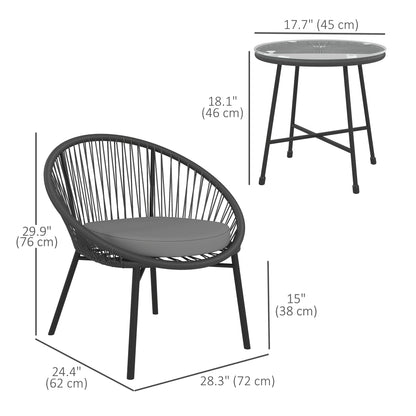3 Piece Wicker Patio Furniture Set with Soft Seat Cushions, Tempered Glass Tabletop, Bistro Set for Garden, Black