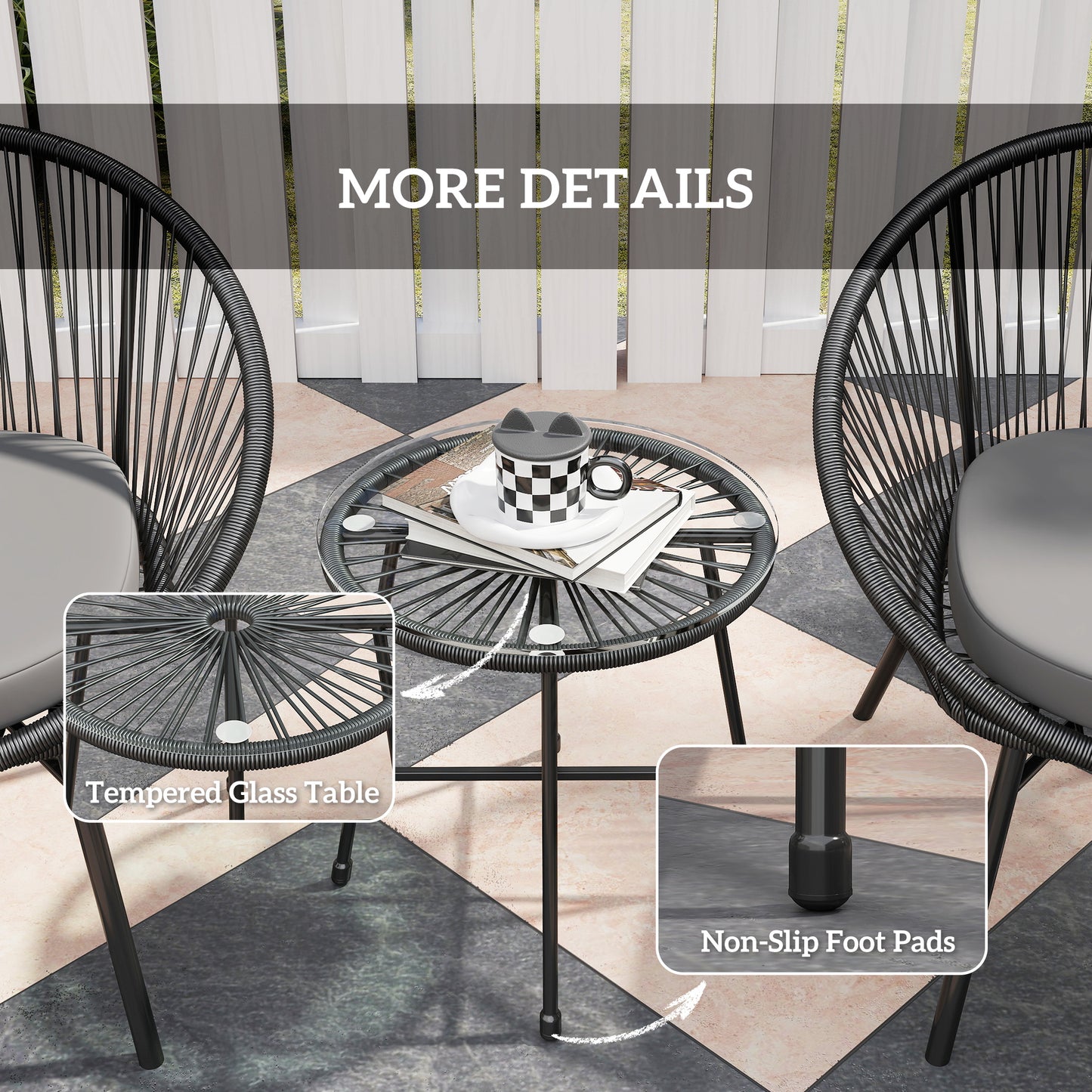 3 Piece Wicker Patio Furniture Set with Soft Seat Cushions, Tempered Glass Tabletop, Bistro Set for Garden, Black
