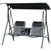 2 Person Covered Porch Swing Patio Swing with Pivot Storage Table, Cup Holder, & Adjustable Overhead Canopy, Black