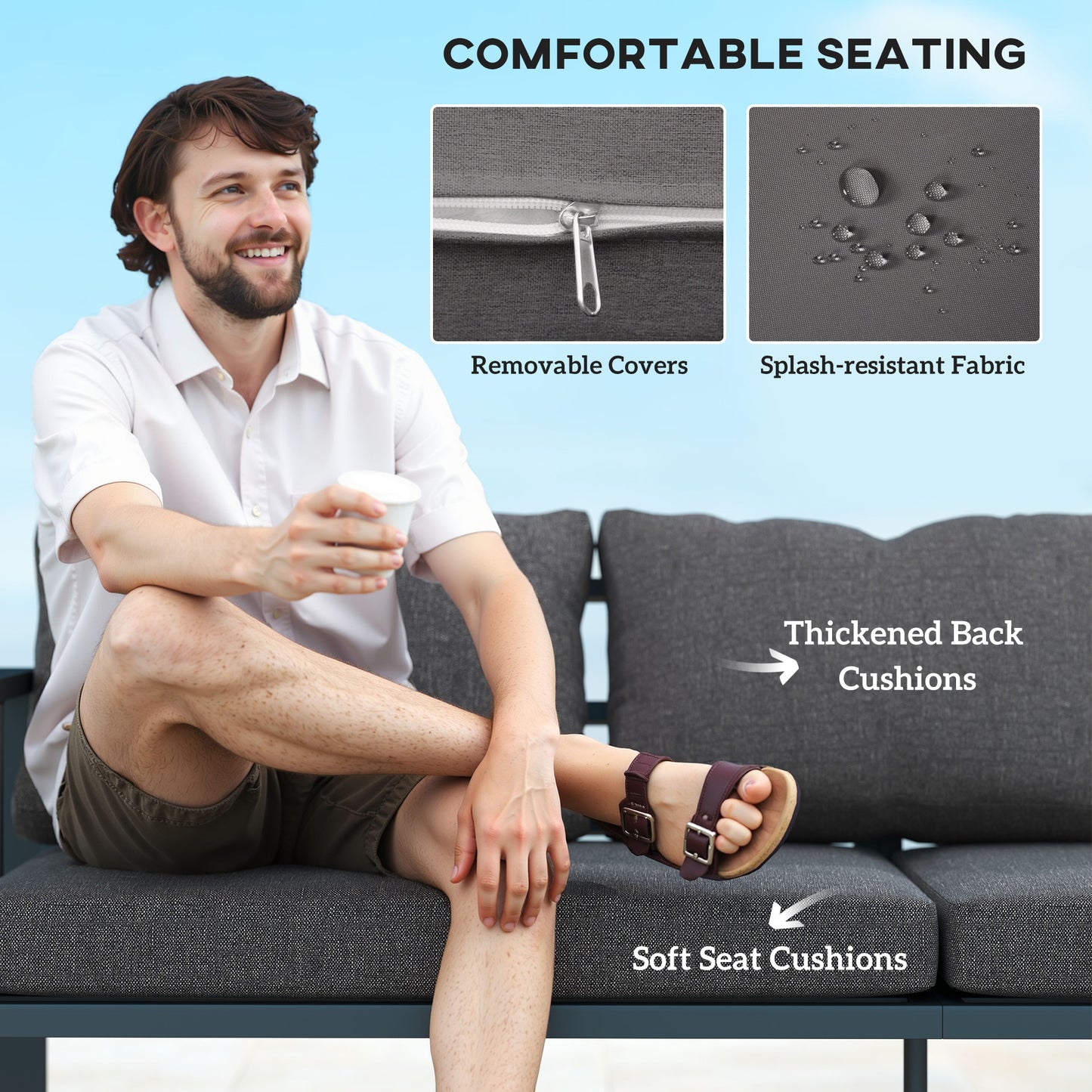 3-Seat Aluminum Outdoor Couch Patio Sofa with Cushions, Wide Seat, Armrests for Garden, Backyard, Balcony, Dark Grey