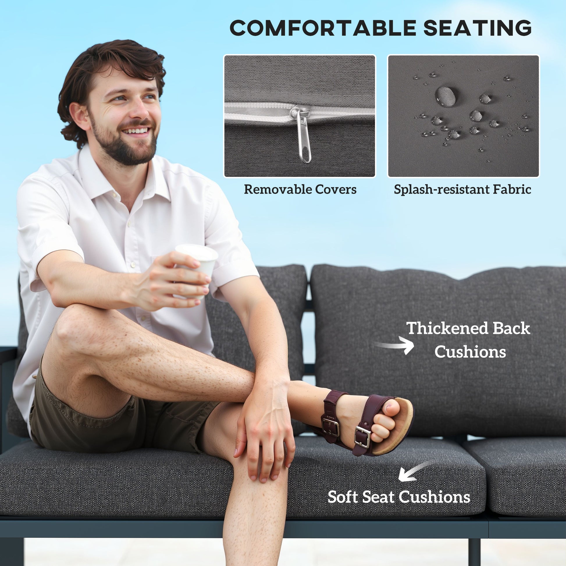 3-Seat Aluminum Outdoor Couch Patio Sofa with Cushions, Wide Seat, Armrests for Garden, Backyard, Balcony, Dark Grey