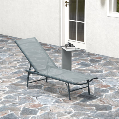 Folding Outdoor Lounge Chair, Reclining Chaise Lounge Tanning Chair w/ Adjustable Back, Mesh Seat, Light Grey