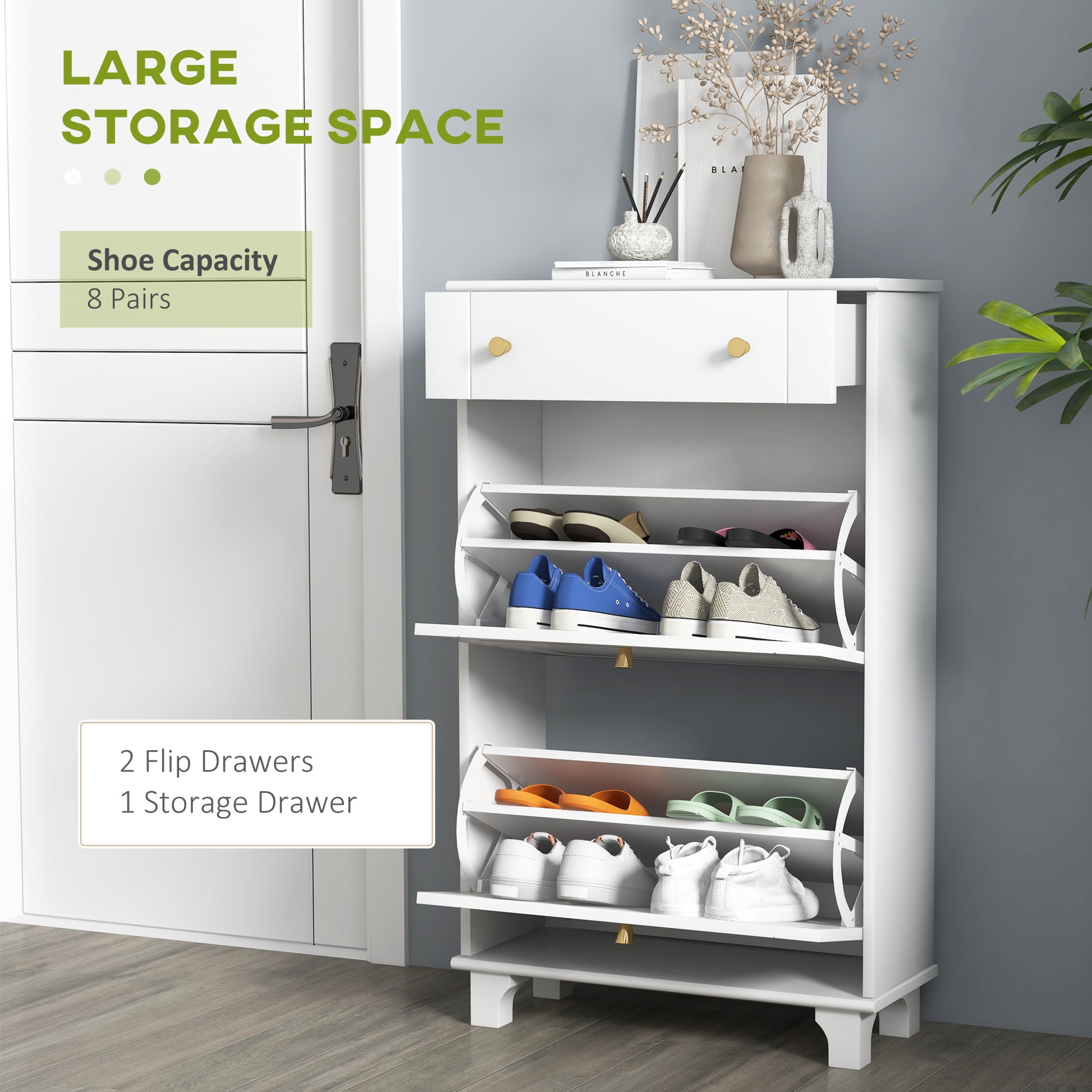 Slim Shoe Storage with 2 Flip Drawers and Adjustable Shelves Shoe Cabinet Organizer for 8 Pair, White