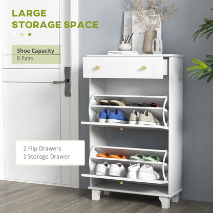 Slim Shoe Storage with 2 Flip Drawers and Adjustable Shelves Shoe Cabinet Organizer for 8 Pair, White