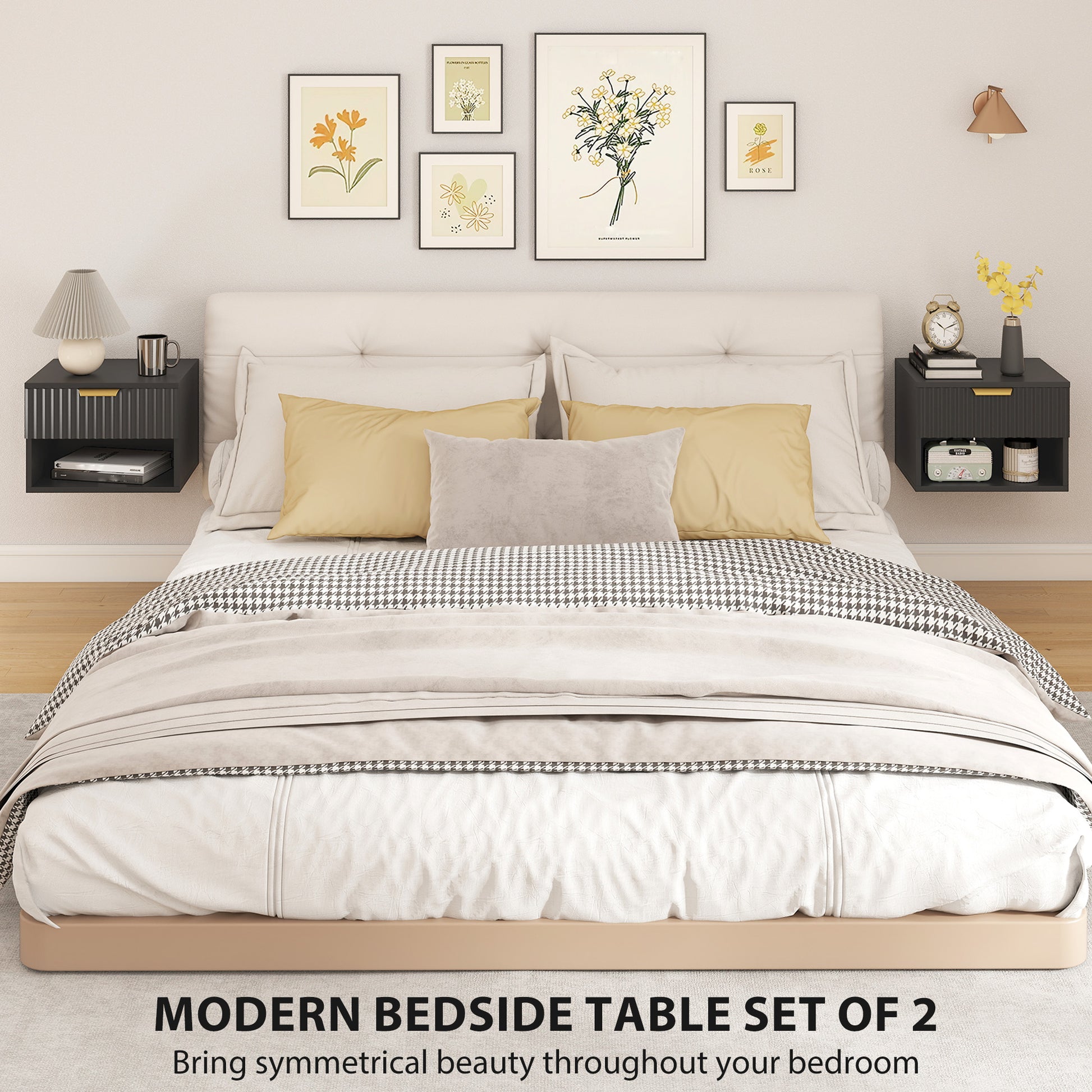 Floating Nightstands, Wall Mounted Bedside Tables Set of 2 with Drawer and Open Shelf, Black