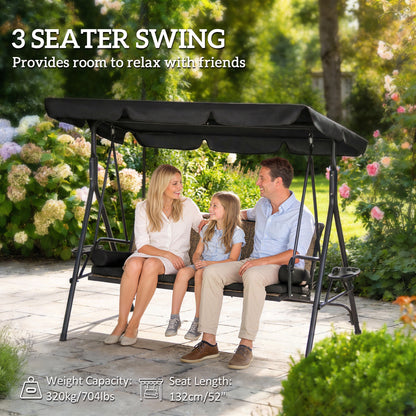 Outdoor 3-Seat Porch Swing with Canopy, Rattan Seat, Removable Cushion, Pillows and Steel Frame