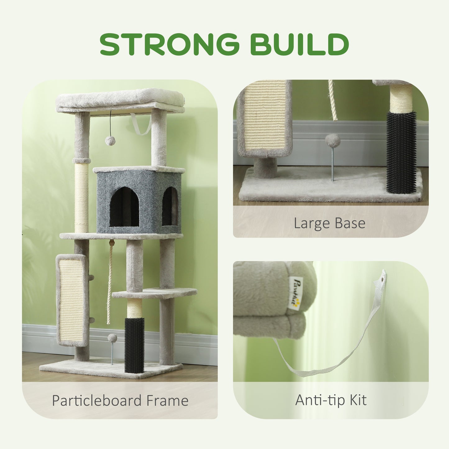 52 Inch Cat Tree with Scratching Posts, Cat Bed, Condo, Grooming Brush, Jumping Platforms, Toy Balls, Anti-tip Kit