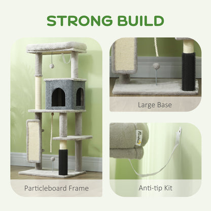 52 Inch Cat Tree with Scratching Posts, Cat Bed, Condo, Grooming Brush, Jumping Platforms, Toy Balls, Anti-tip Kit