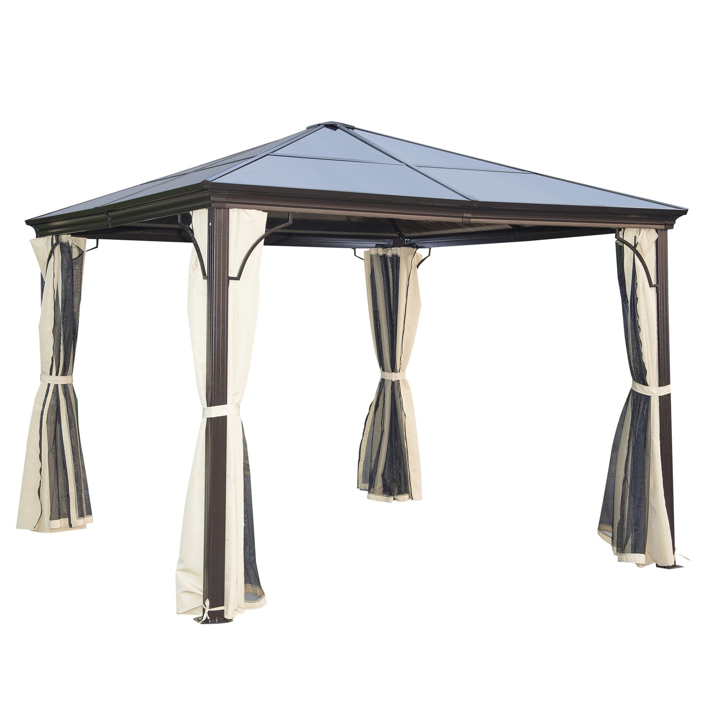 10 x 10 ft Hard Top Gazebo Canopy, Outdoor Patio Shelter with Heavy-Duty Metal Frame, Sun Shade with Curtains and Waterproof Roof for Backyard, Beige Coffee