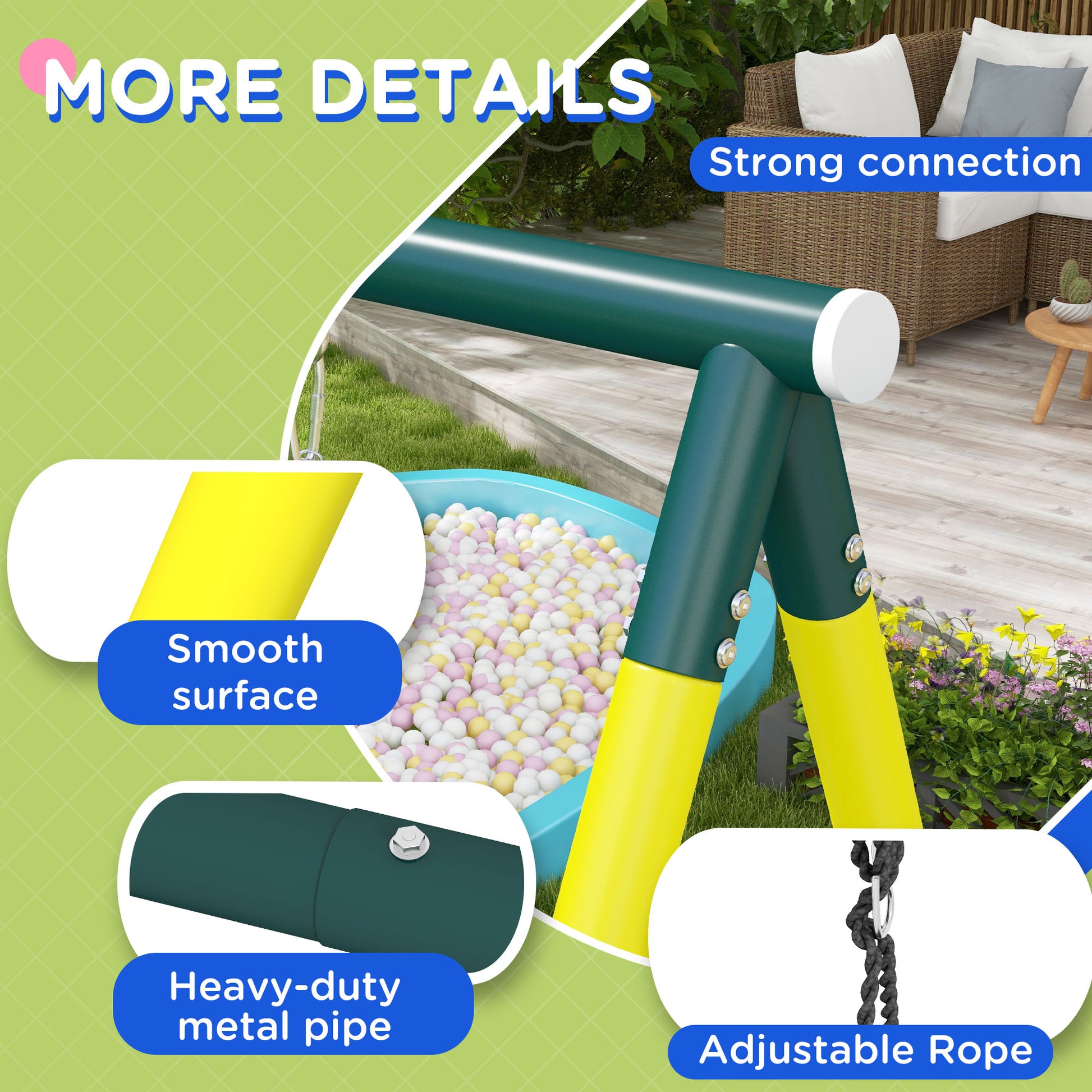 4 in 1 Swing Set for Kids with Saucer Swing, Seat, Climbing Ladder/Net, Basketball Hoop for 3-8 Years Old, Yellow