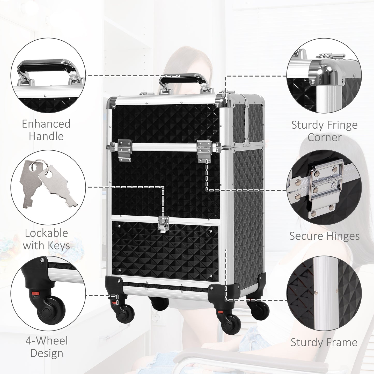 Portable Aluminum Makeup Train Cases, Rolling Makeup Case, Salon Beauty Cosmetic Jewelry Organizer Trolley with 4 Wheels, Black