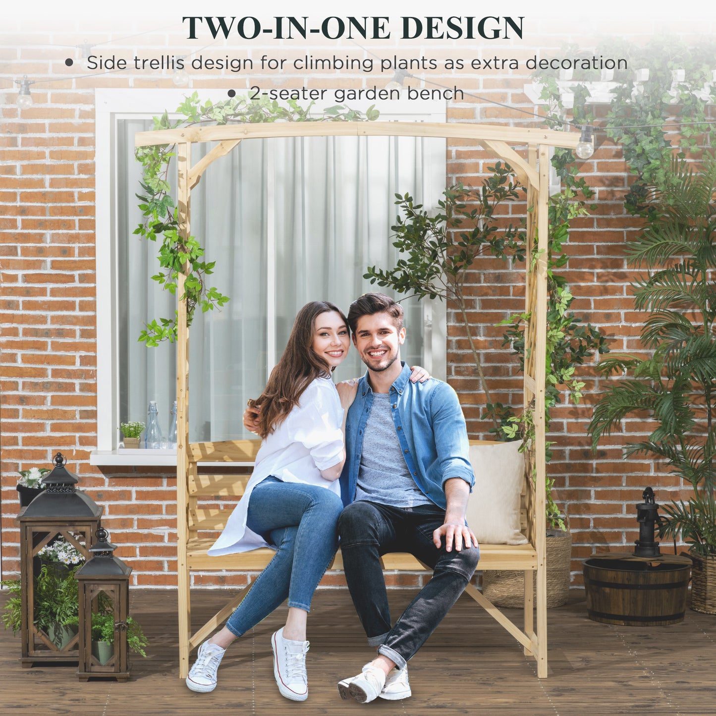 Garden Arch with 2 Person Bench, Wooden Garden Arbor Archway Trellis for Climbing Plants, Lawn, Backyard Decor, Natural