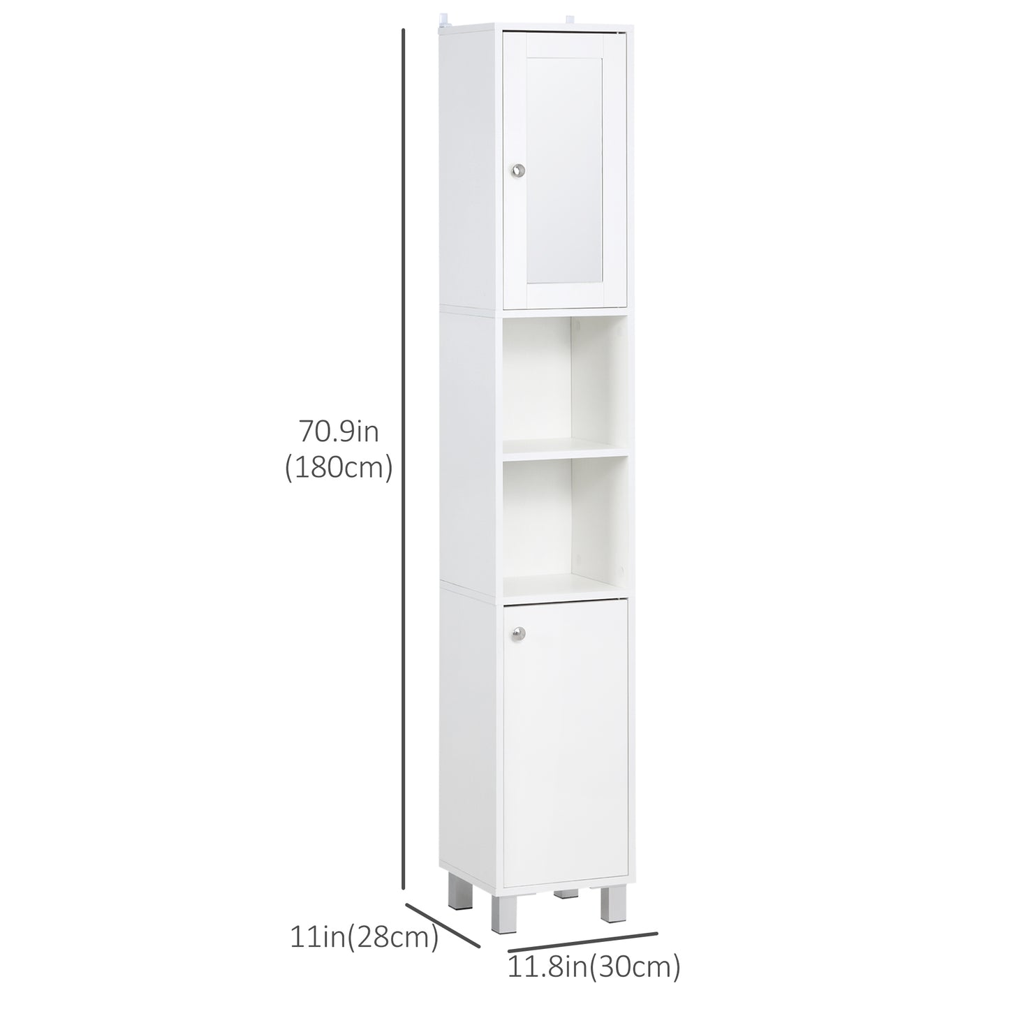 Tall Bathroom Storage Cabinet with Mirror, Freestanding Narrow Linen Tower Cabinet with Adjustable Shelves for Bathroom, White