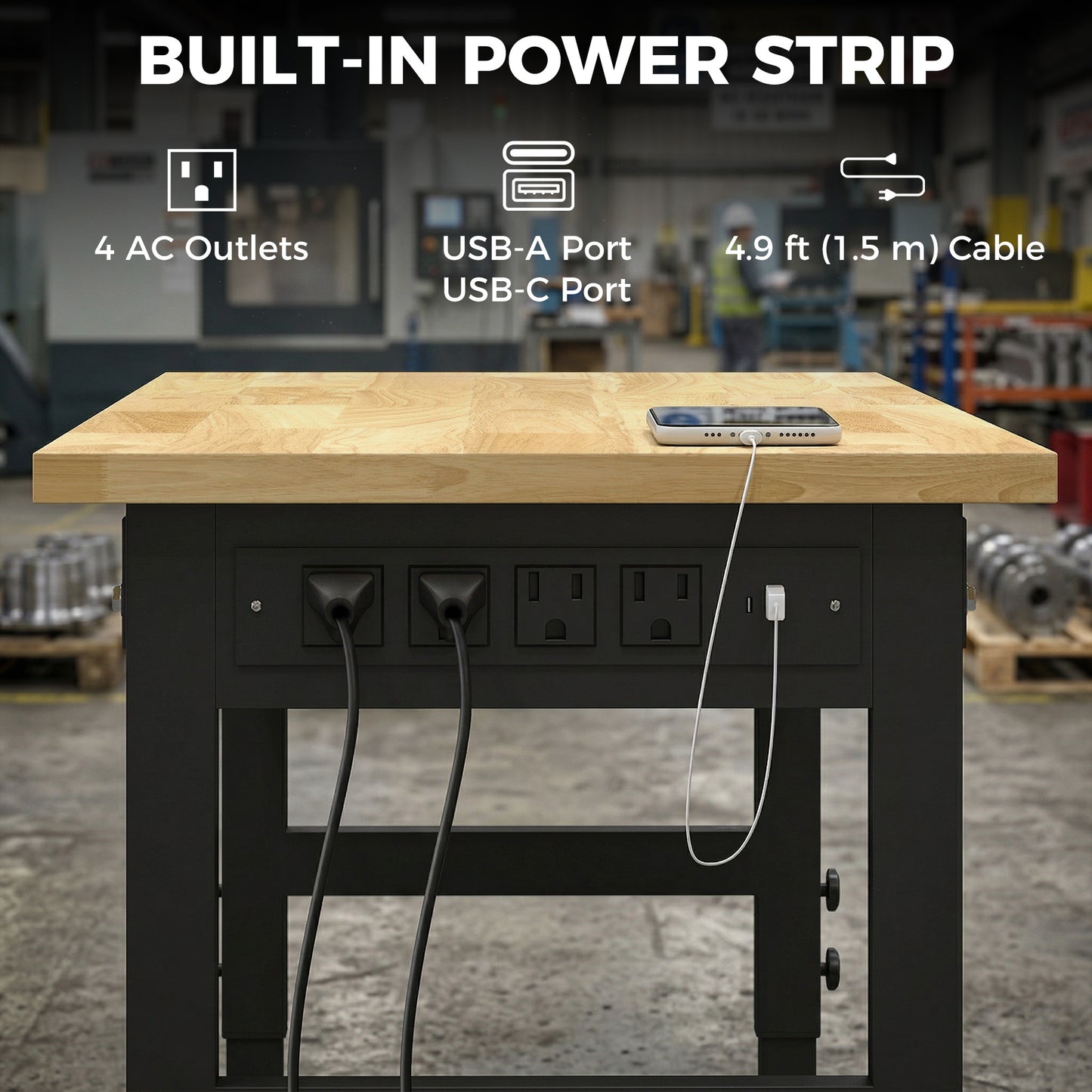 60" Adjustable Workbench, Heavy Duty Work Table with Rubber Wood Top, Power Outlets, Pegboard, 2000 LBS Capacity