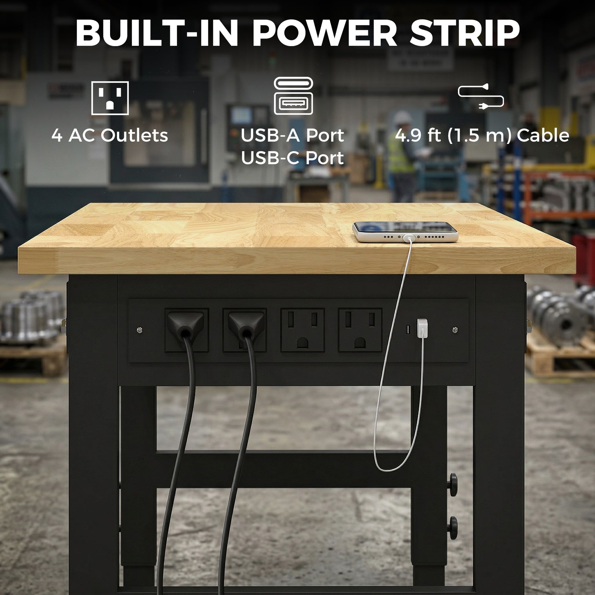 60" Adjustable Workbench, Heavy Duty Work Table with Rubber Wood Top, Power Outlets, Pegboard, 2000 LBS Capacity