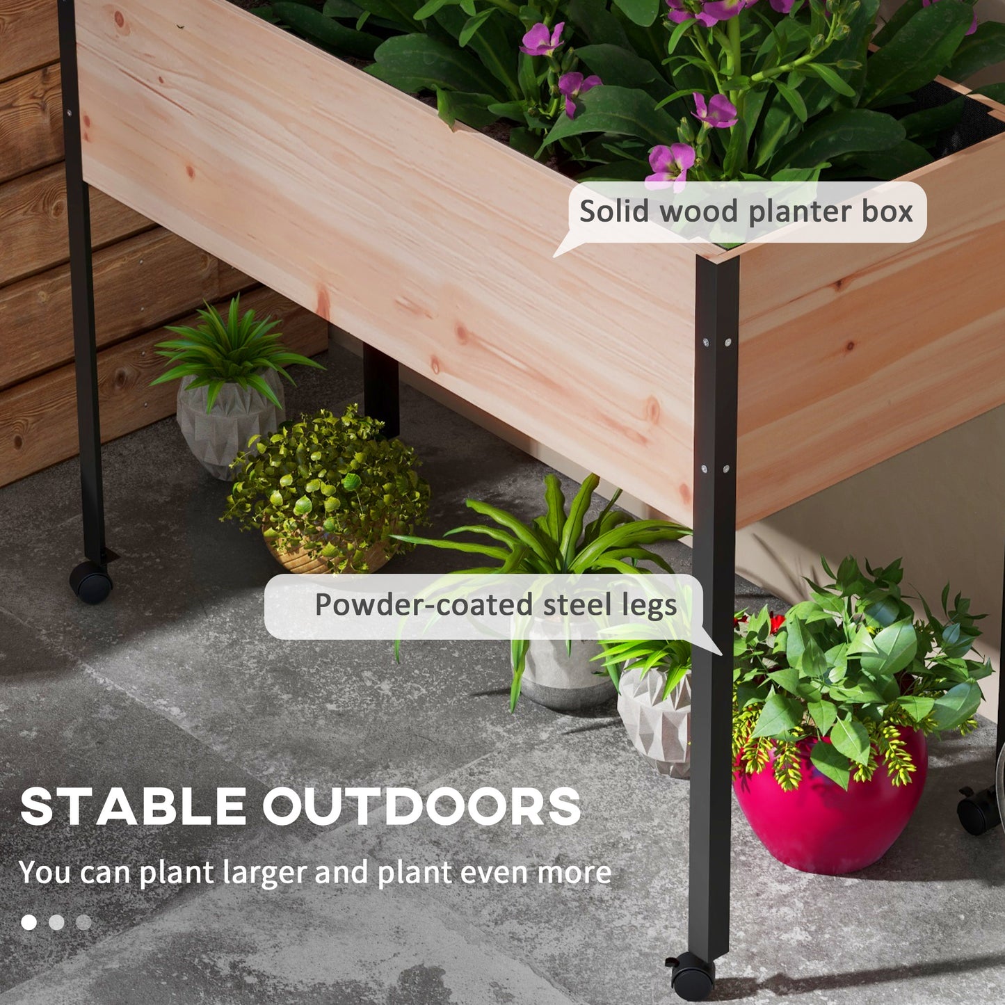 Wooden Elevated Planter Box, Raised Garden Bed with Wheels, Metal Legs, Drainage Holes and Bed Liner