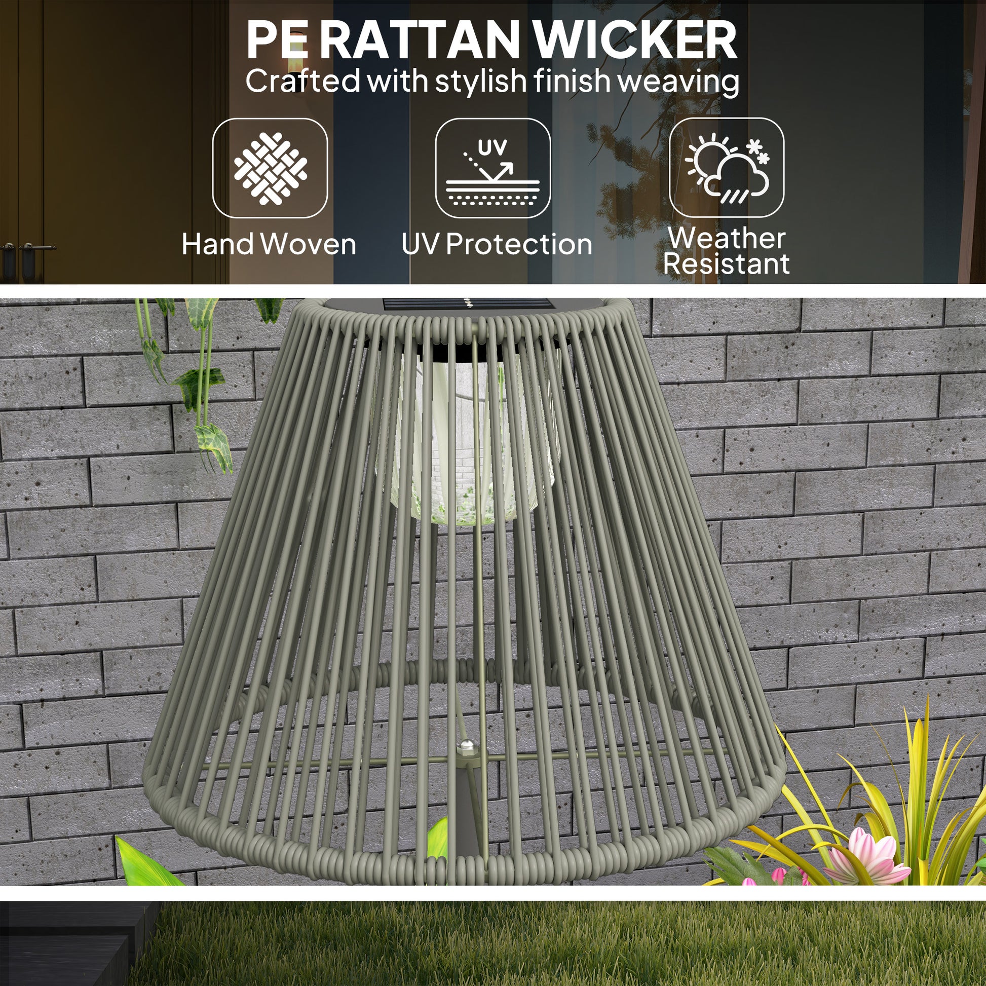 Wicker Outdoor Floor Lamp, Cordless Solar Lantern with Auto On/Off LED Lights, IP44 for Patio, Porch, Pathway, Grey
