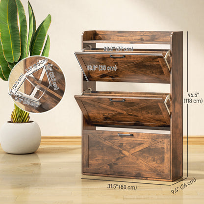 Narrow Shoe Storage Cabinet Farmhouse Shoe Cabinet with 3 Flip Drawers Adjustable Shelves for Entryway Rustic Brown