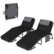 2-Piece Folding Lounge Chairs with Adjustable Backrest, Tanning Chair with Cushion, Side Pocket, Headrest, Black