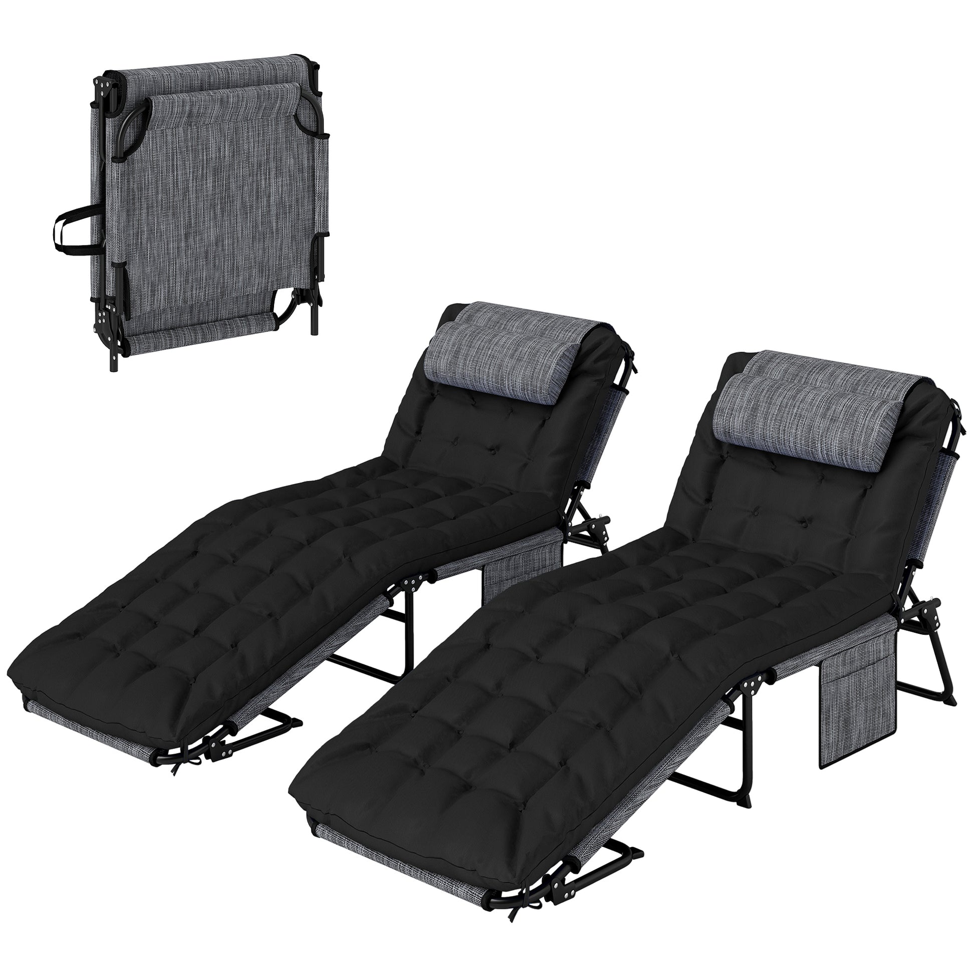 2-Piece Folding Lounge Chairs with Adjustable Backrest, Tanning Chair with Cushion, Side Pocket, Headrest, Black