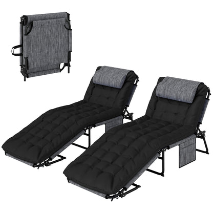 2-Piece Folding Lounge Chairs with Adjustable Backrest, Tanning Chair with Cushion, Side Pocket, Headrest, Black