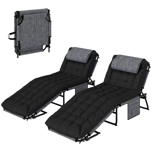2-Piece Folding Lounge Chairs with Adjustable Backrest, Tanning Chair with Cushion, Side Pocket, Headrest, Black