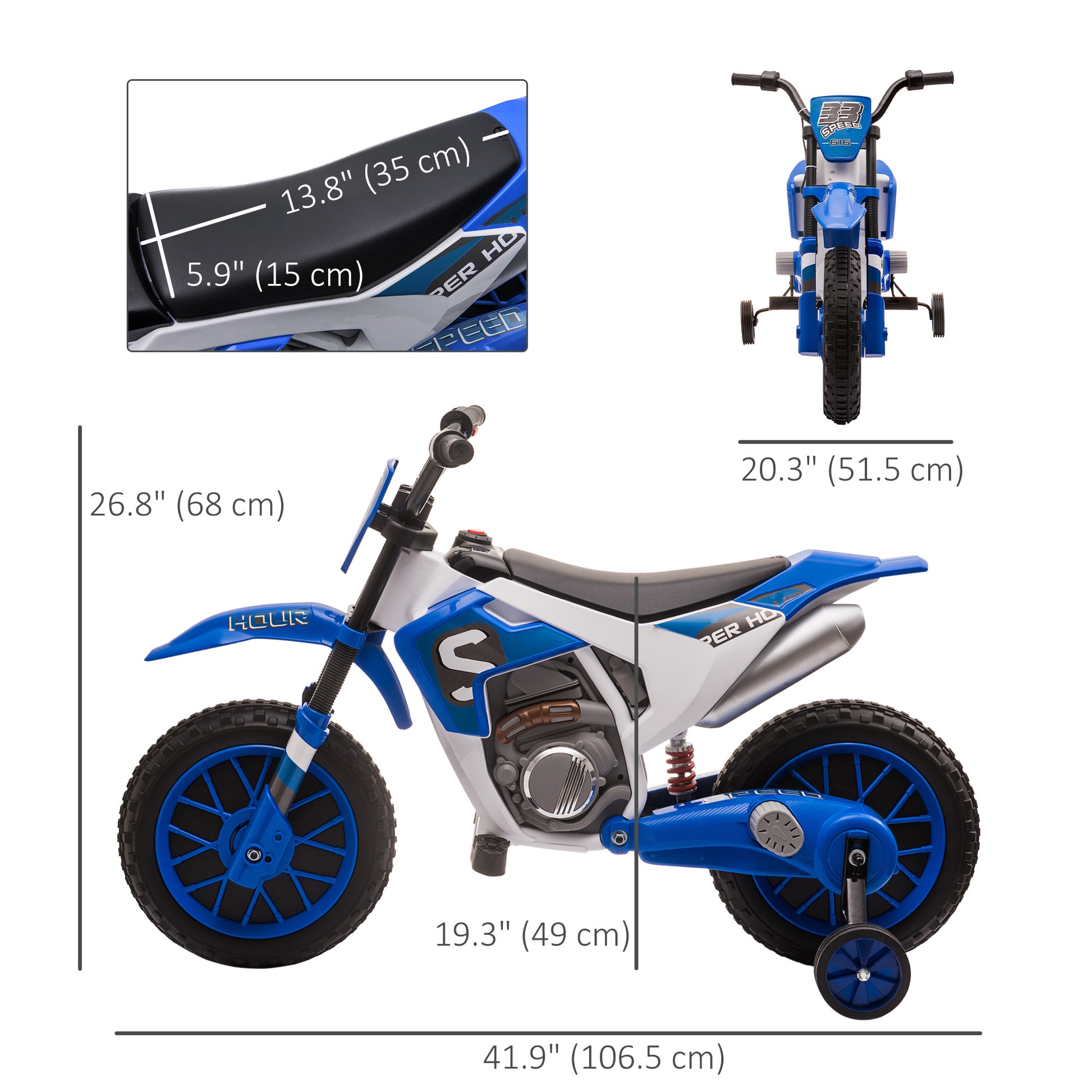 Aosom Kids Dirt Bike 12V Battery-Powered Ride-On Electric Motorcycle with Charging Battery, Training Wheels Blue