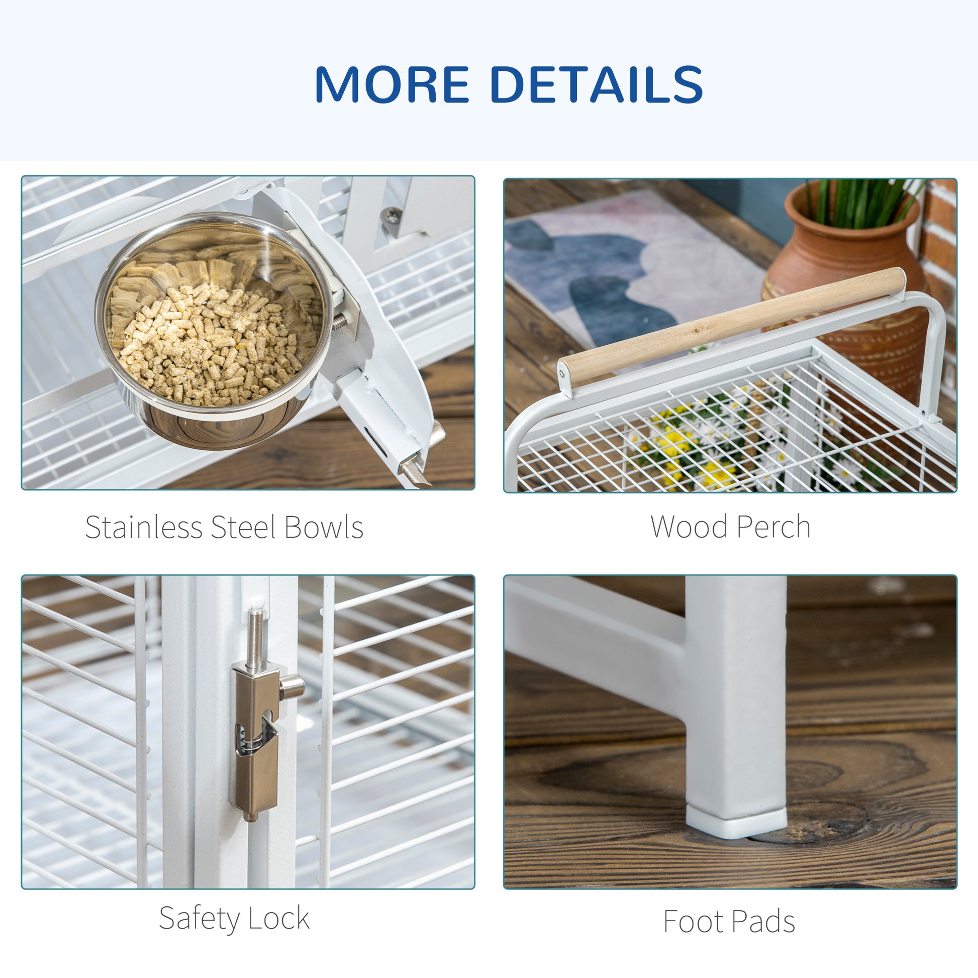 Bird Travel Carrier Cage, Portable Metal Bird Cage for Parrots Conures Cockatiel Parakeets with Stand Perch, Stainless Steel Bowls, Pull Out Tray, 19" x 15" x 26", White