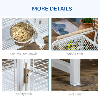 Bird Travel Carrier Cage, Portable Metal Bird Cage for Parrots Conures Cockatiel Parakeets with Stand Perch, Stainless Steel Bowls, Pull Out Tray, 19" x 15" x 26", White