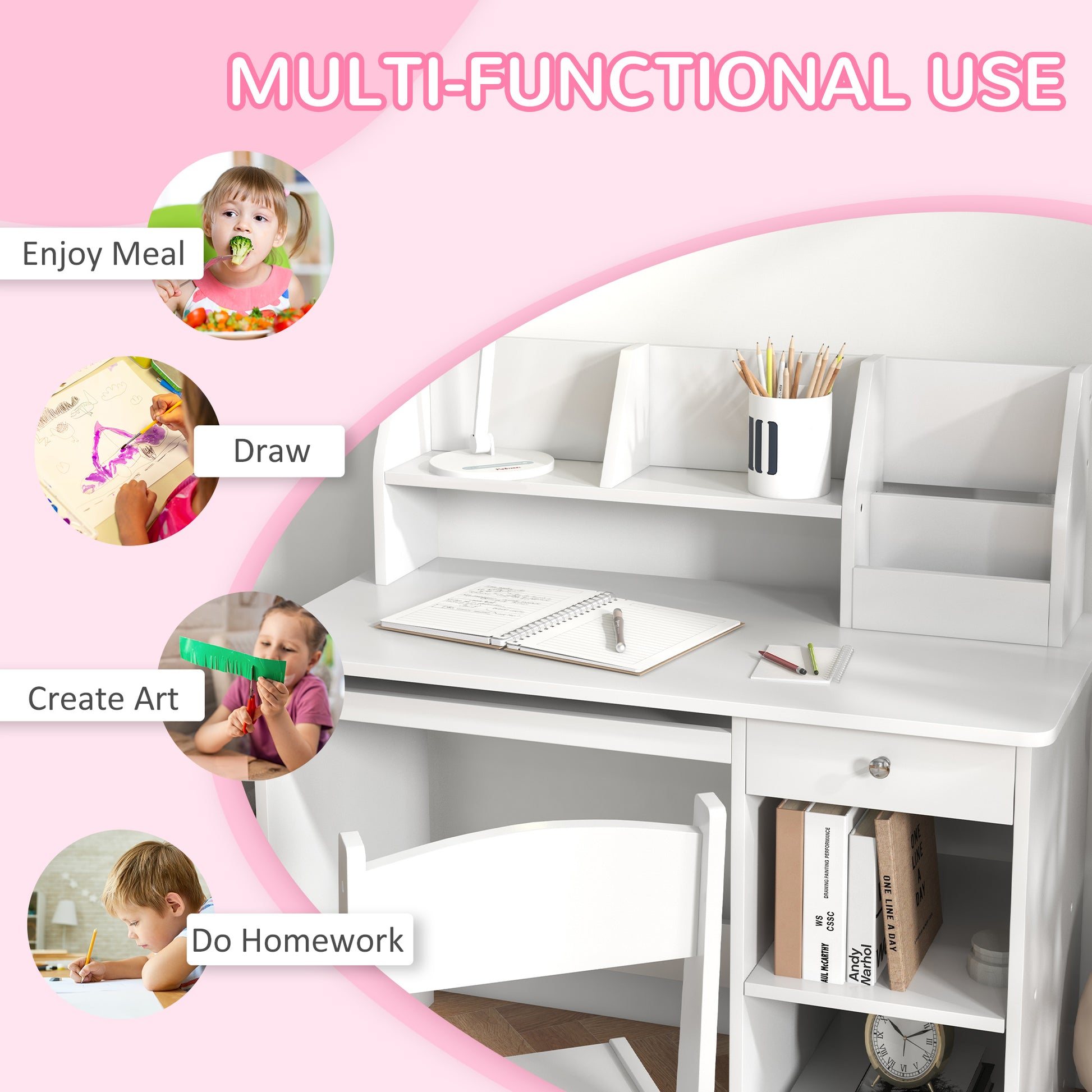 Qaba Kids Desk and Chair Set for 5-8 Year Old with Storage, Study Table and Chair for Children, White