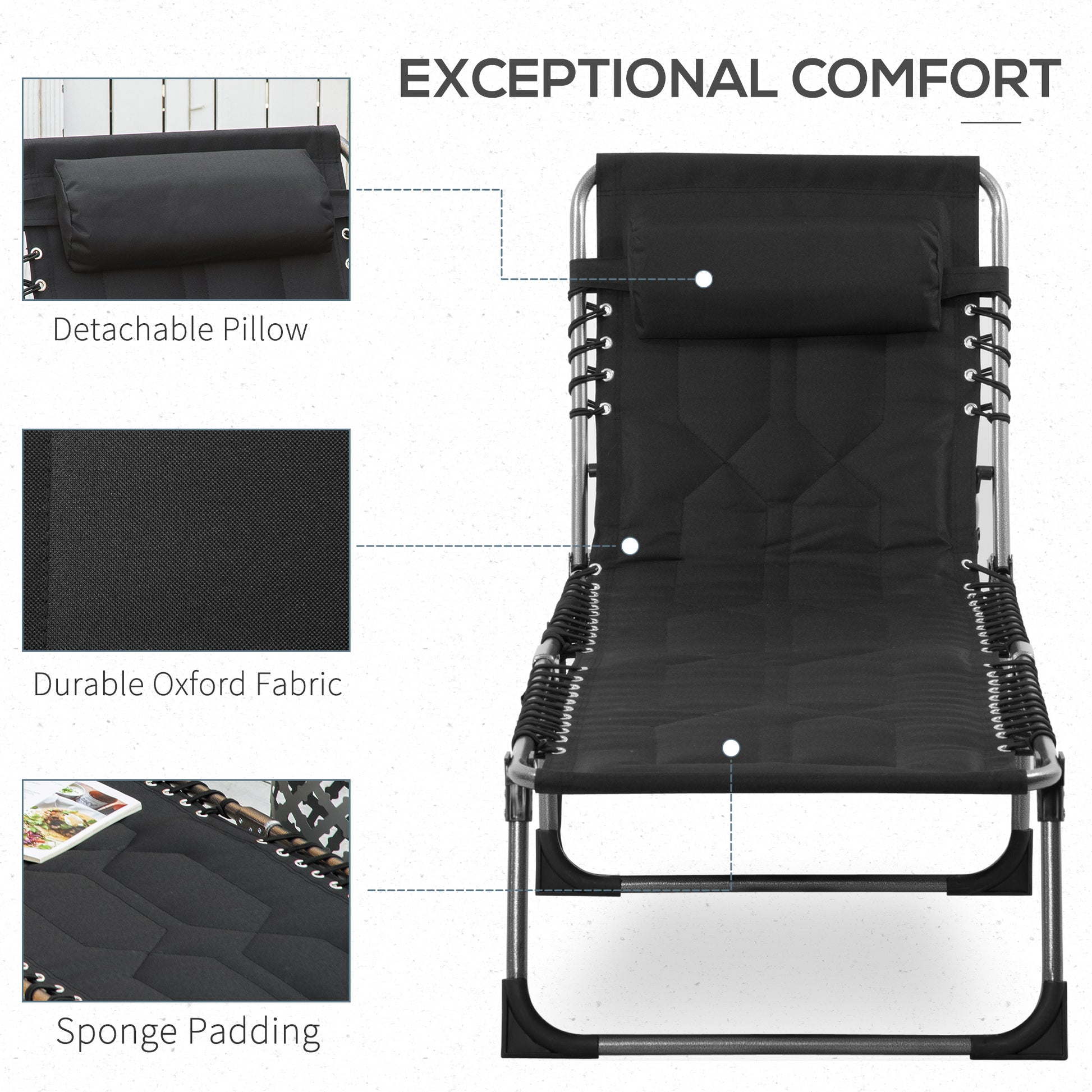 Folding Chaise Lounge Chair, Outdoor Padded Reclining Chair with 5-position Adjustable Backrest, Pillow and Pocket for Patio, Deck, Beach, Lawn and Sunbathing, Black