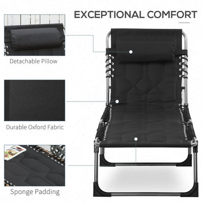 Folding Chaise Lounge Chair, Outdoor Padded Reclining Chair with 5-position Adjustable Backrest, Pillow and Pocket for Patio, Deck, Beach, Lawn and Sunbathing, Black