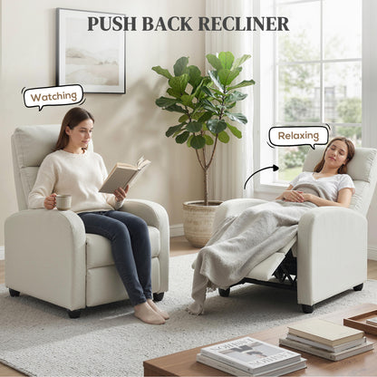 Fabric Recliner Chair Manual Home Theater Seating Single Reclining Sofa Chair with Padded Seat, Cream White