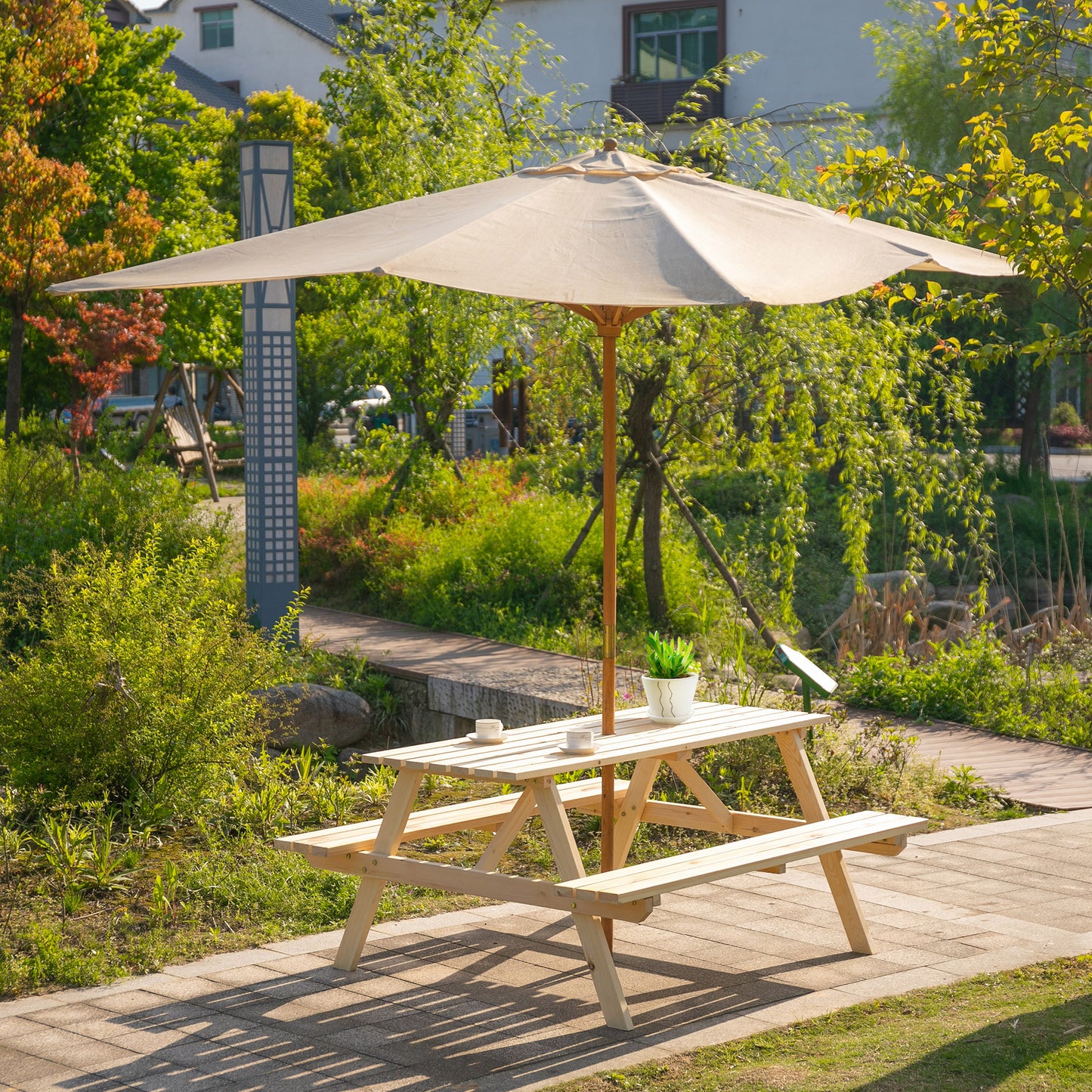Wood Picnic Table, Camping Table and Bench Set with Umbrella Hole for Outdoor, Garden, Patio, Backyard, Natural