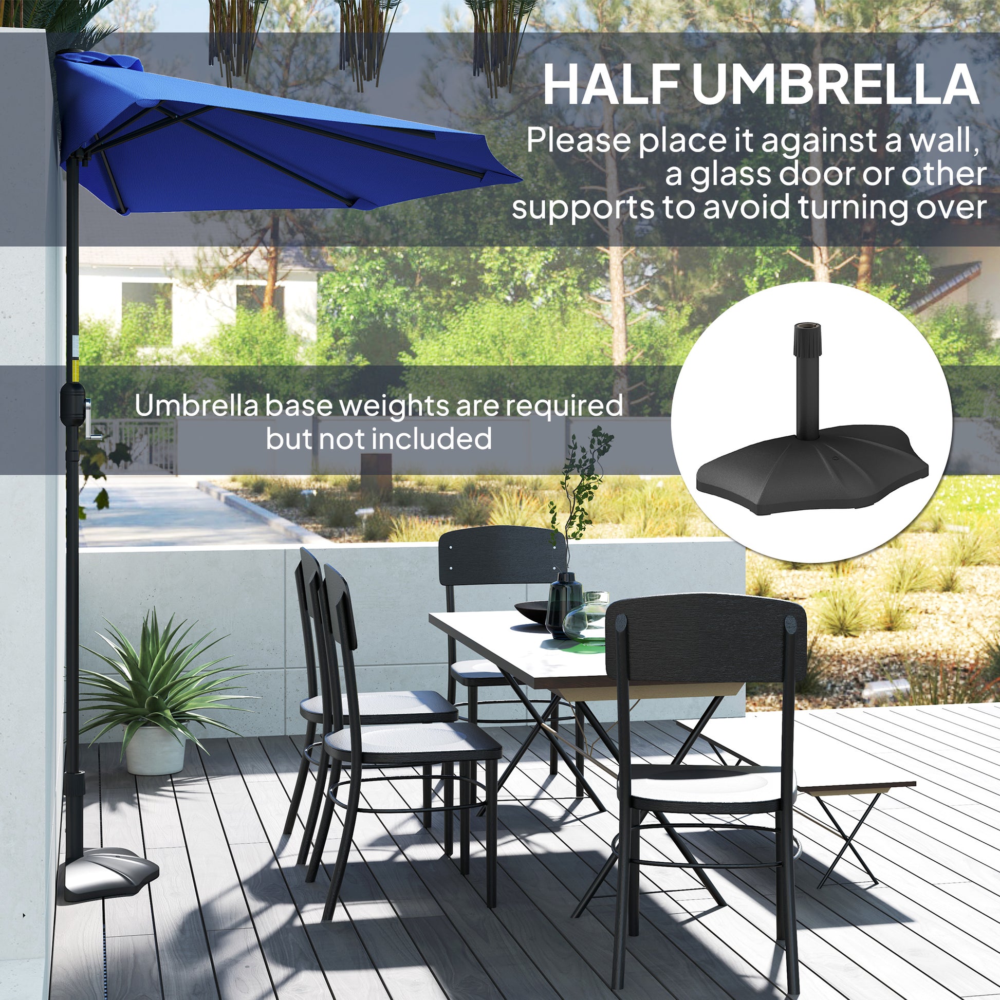 9ft Half Round Umbrella Outdoor Patio Garden Balcony Parasol Window Sun Shade w/ 5 Ribs, Deep Blue