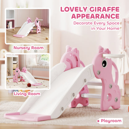 Qaba 3 in 1 Toddler Slide for Age 1-3, Kids Slide with Climber, Basketball Hoop and Ball, Giraffe Design, Pink