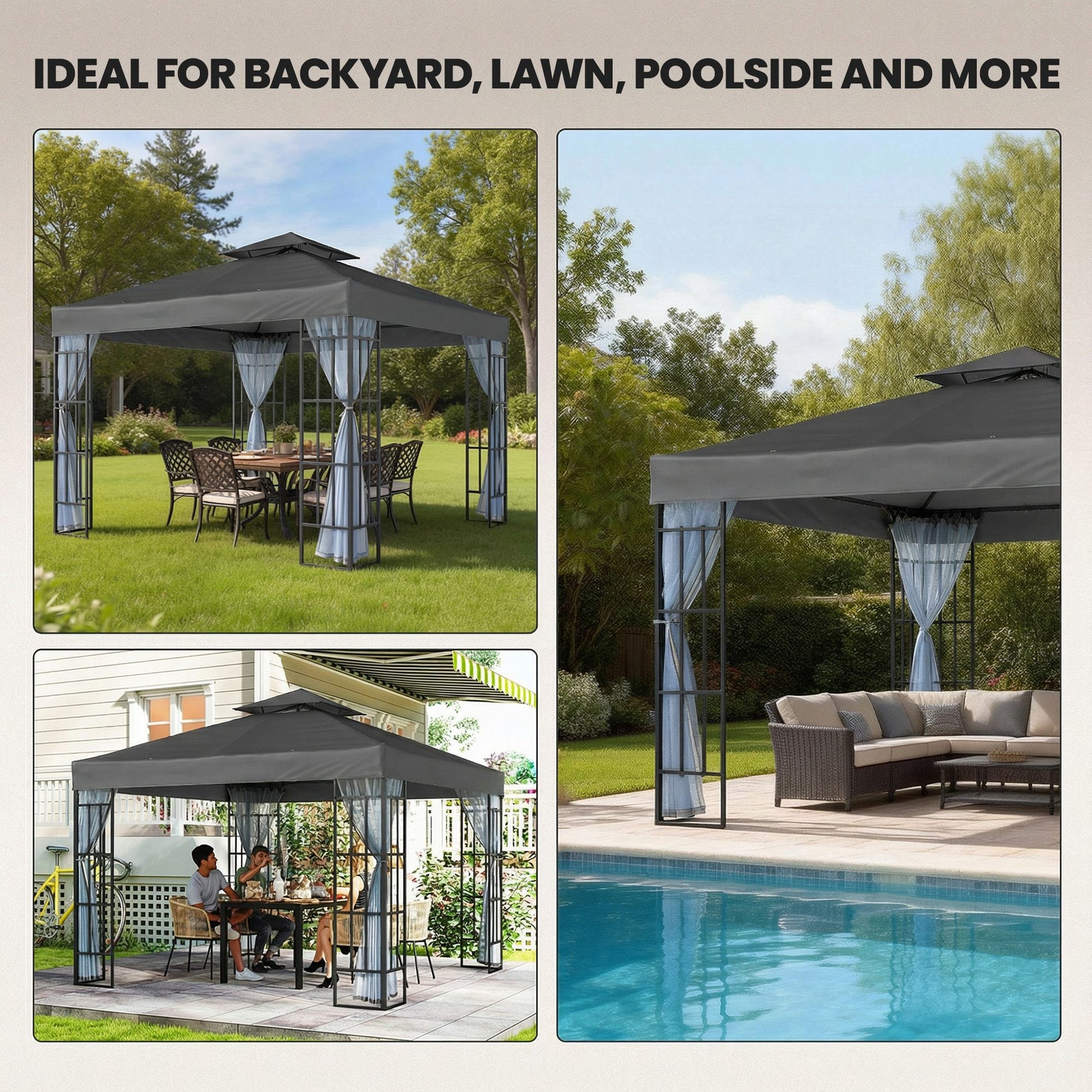 10'x10' Garden Gazebo Patio Canopy Portable Party Event Backyard w/ Mosquito Netting Dark Grey