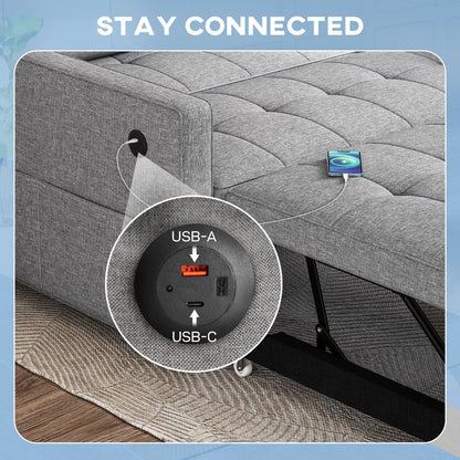 Pull Out Sofa Bed, Sleeper Sofa Couch with USB Ports, Small Linen Loveseat Futon Couch for Living Room, Grey