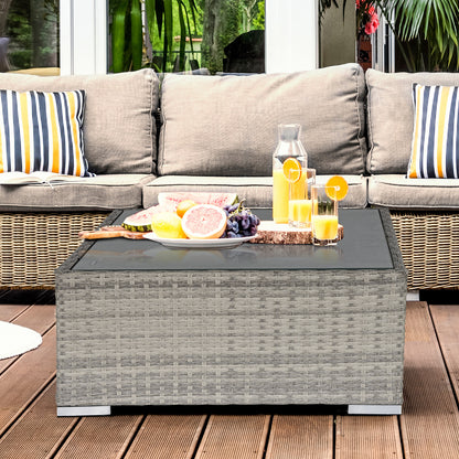 Rattan Garden Coffee Table, 25.6" Square Garden Rattan Table with Tempered Glass Top, Grey