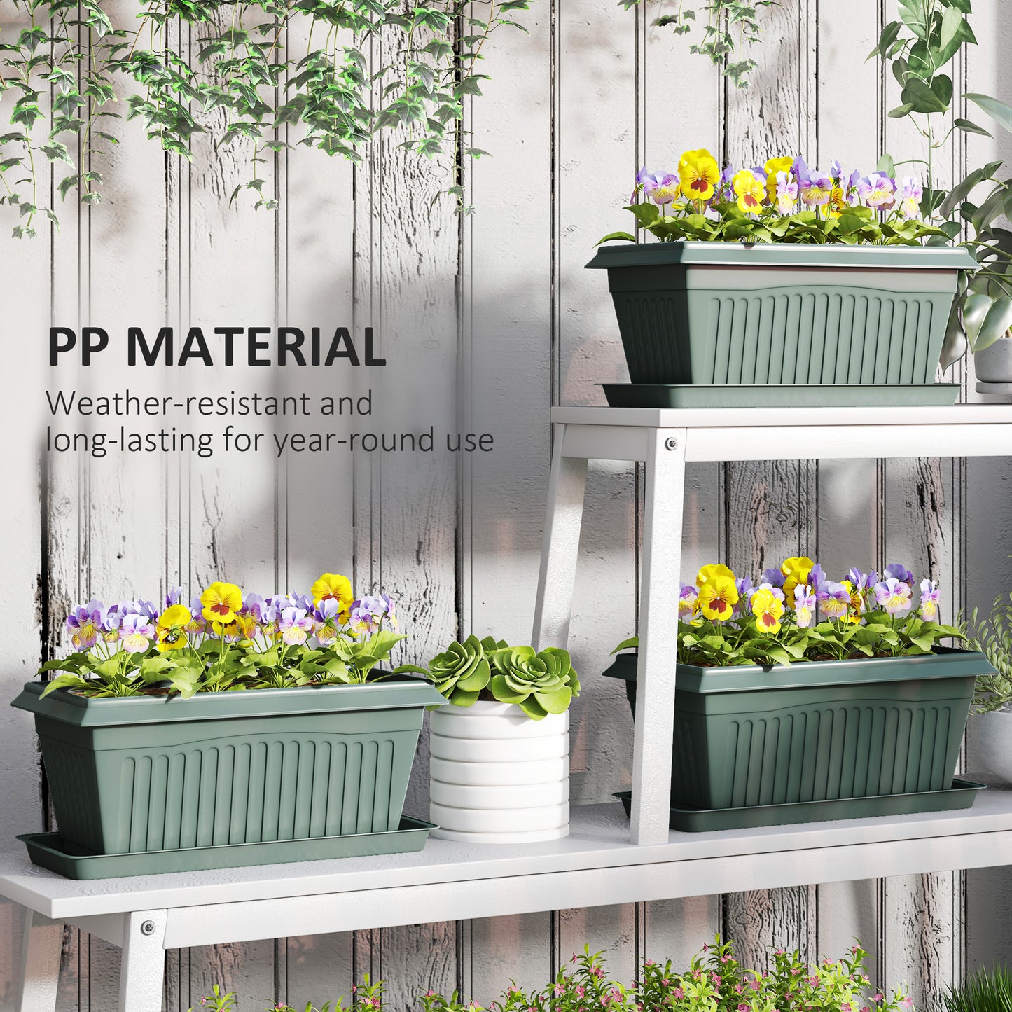 7 Pack 15.7" Plastic Flower Planters with Drainage Holes and Trays, Plant Pots for Indoor Outdoor Plants, Green