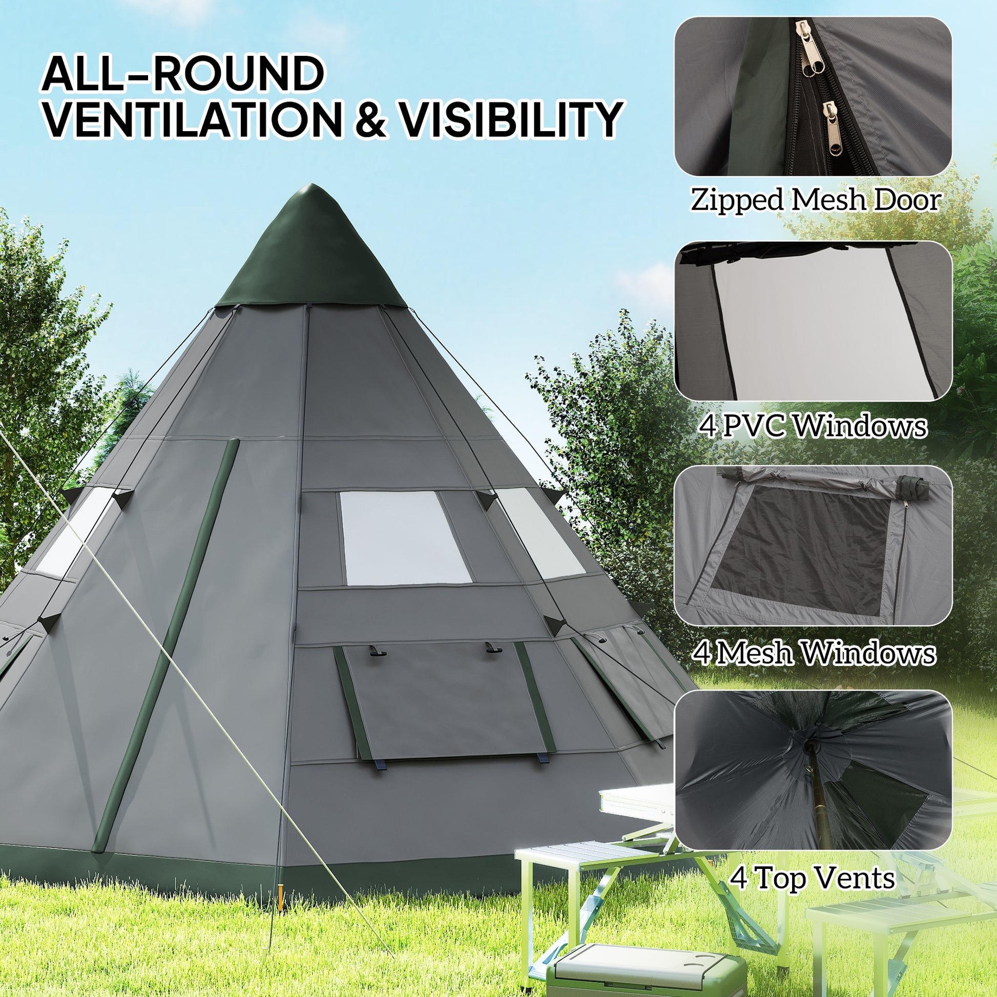 6 People Camping in a Family Teepee Tent with Mesh Windows, Tent Floor, Door and Carry Bag for Hiking, Picnic, Grey