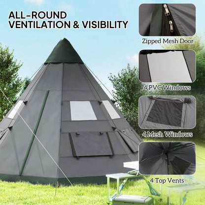 6 People Camping in a Family Teepee Tent with Mesh Windows, Tent Floor, Door and Carry Bag for Hiking, Picnic, Grey