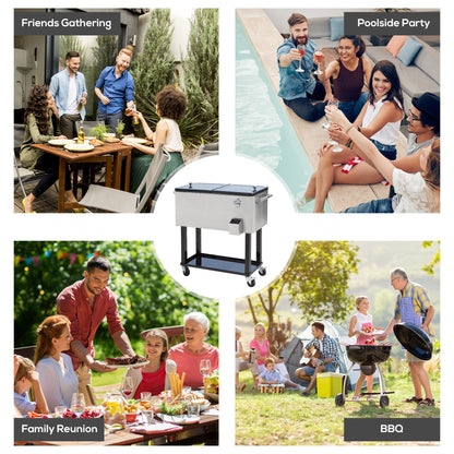 80 Quart Rolling Cooler Cart Ice Beer Beverage Cooling Bin for Outdoor Party, 35.4" x 15.4" x 32.7", Silver