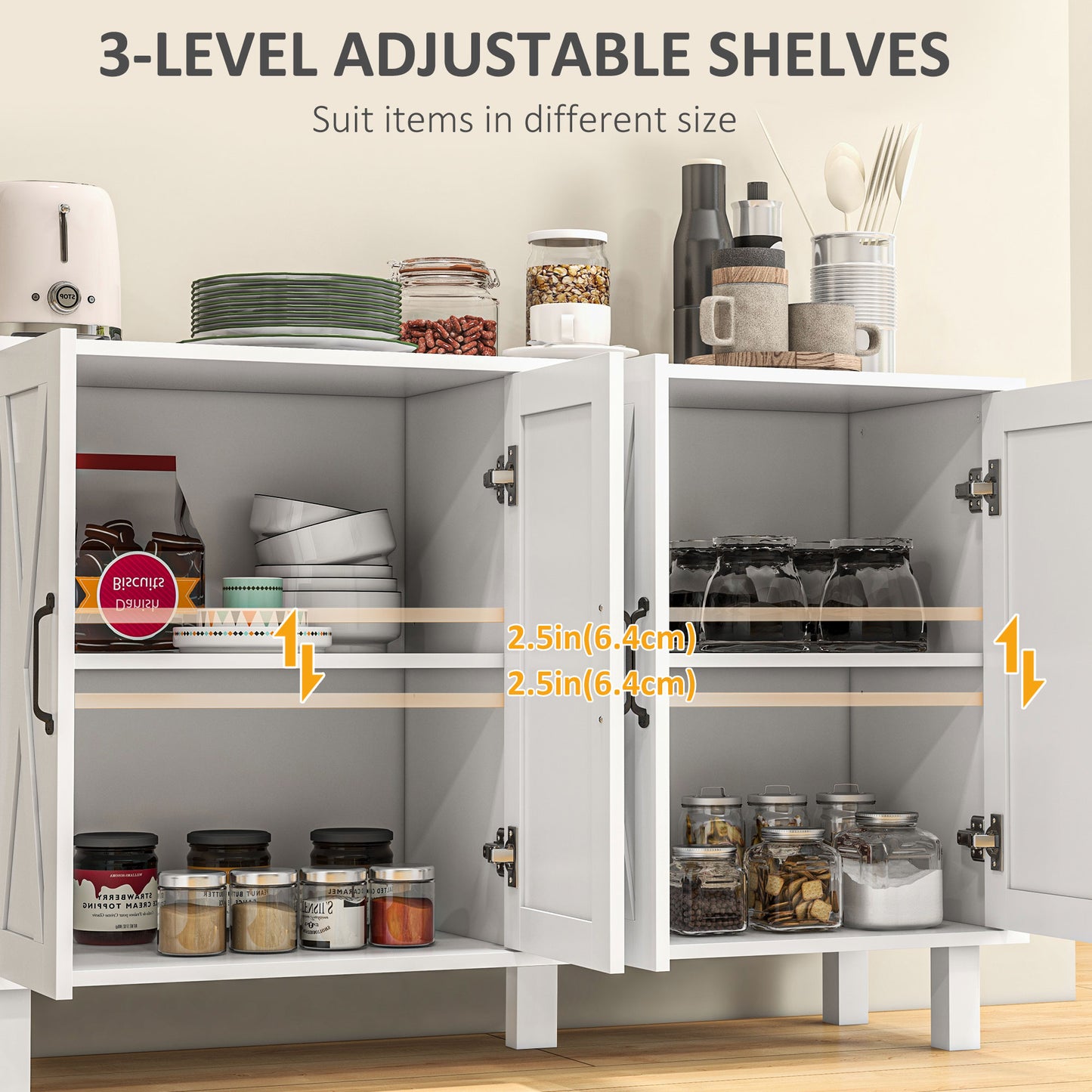 Kitchen Sideboard Cabinet with 4 Barn Doors and 2 Adjustable Shelves, Buffet Table for Living Room, Hallway, White