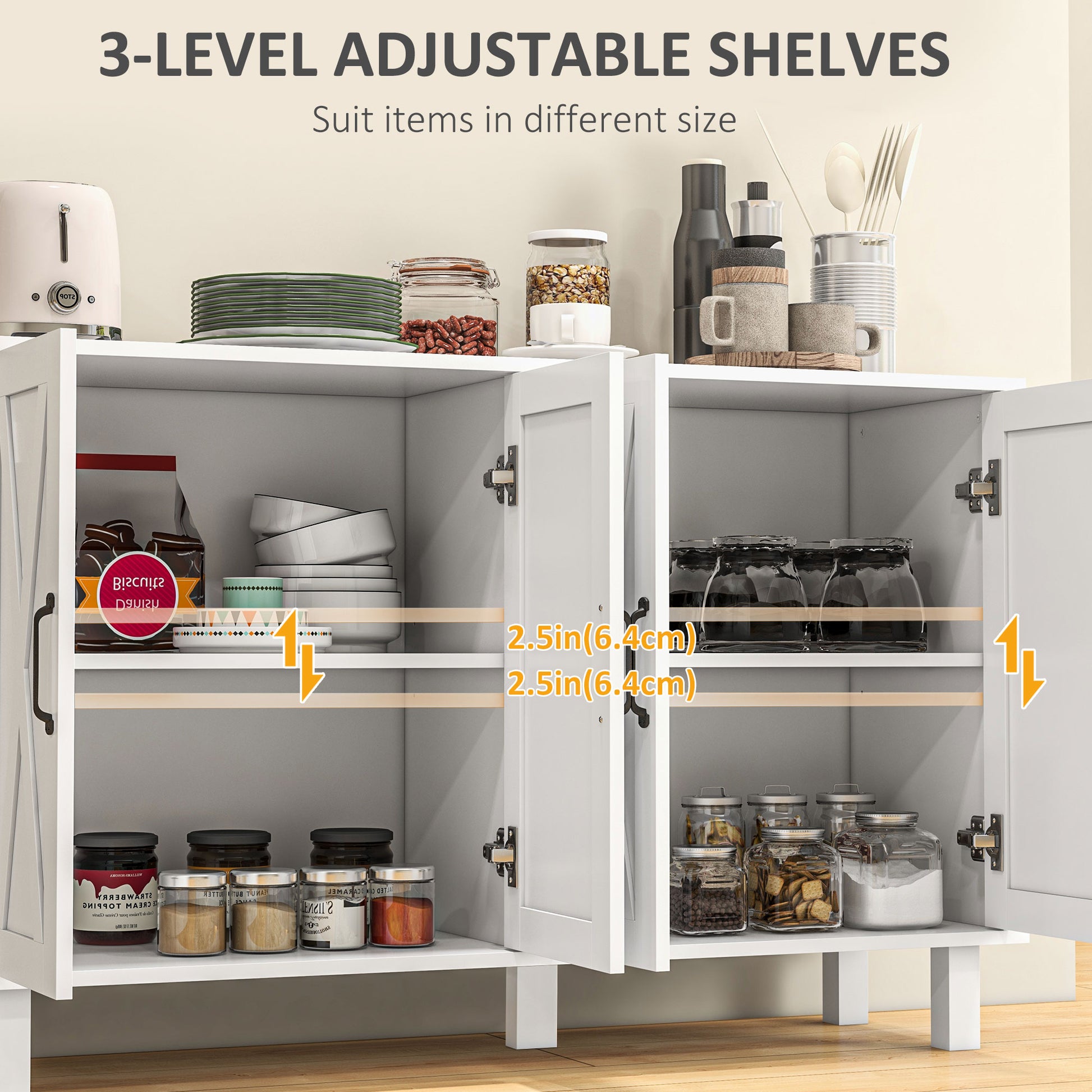 Kitchen Sideboard Cabinet with 4 Barn Doors and 2 Adjustable Shelves, Buffet Table for Living Room, Hallway, White