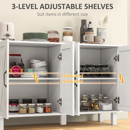 Kitchen Sideboard Cabinet with 4 Barn Doors and 2 Adjustable Shelves, Buffet Table for Living Room, Hallway, White