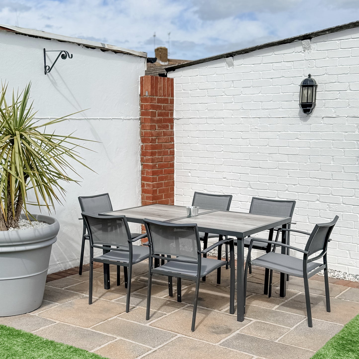 7 Pieces Outdoor Dining Set with 6 Stackable Chairs, Patio Table and Chairs with Plastic Top, Breathable Mesh Seat Back