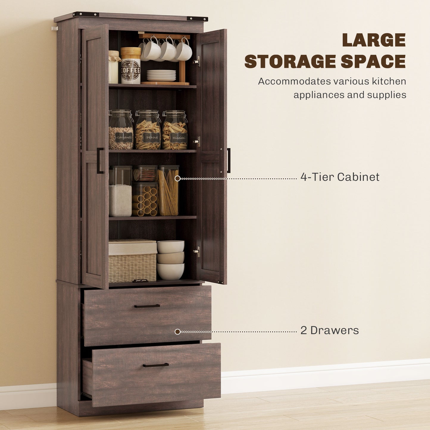 67" Tall Kitchen Pantry Storage Cabinet, Kitchen Pantry Cabinet with Doors, Drawers and Adjustable Shelves