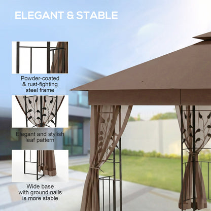 10'x10' Soft-top Steel Patio Gazebo Outdoor Sun Shelter with 2-Tier Polyester Roof, Curtain Sidewalls, Dark Brown